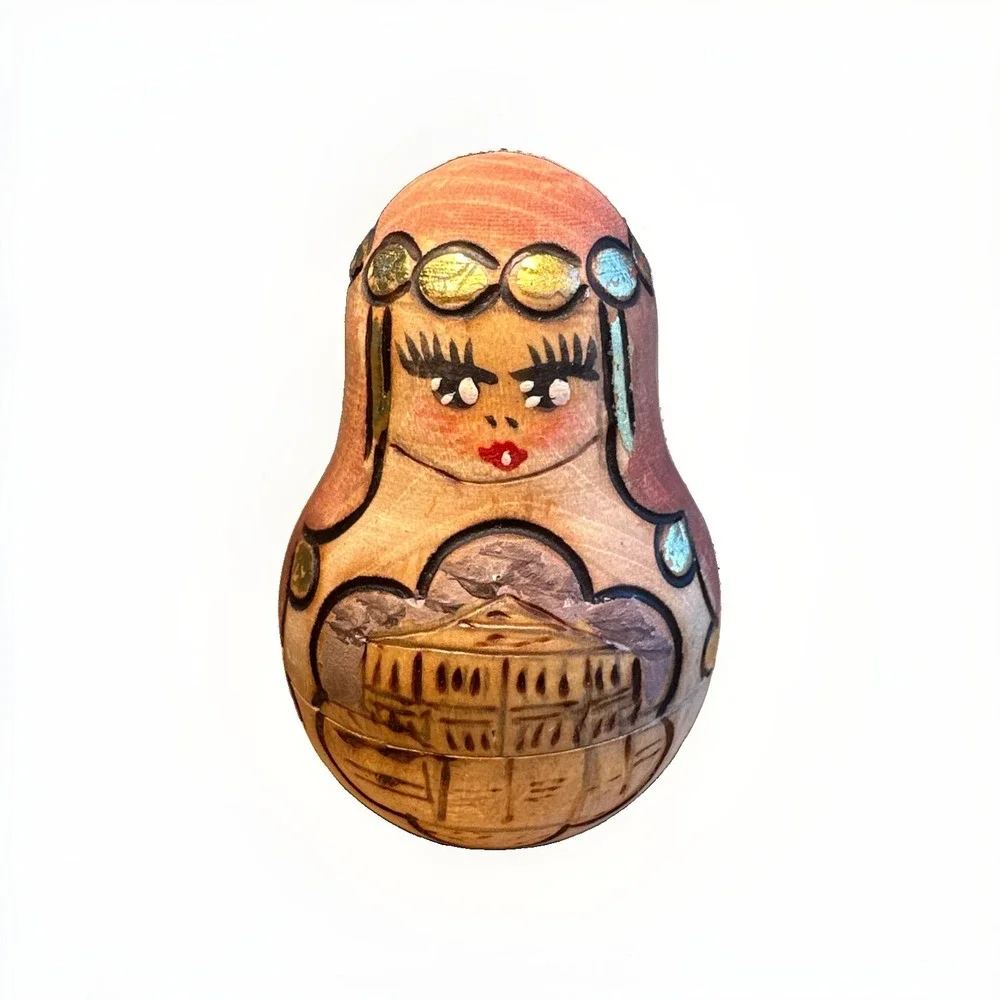 Vintage Russian Matryoshka Nesting Dolls 5pc Hand Painted Wood Burned Set Gold